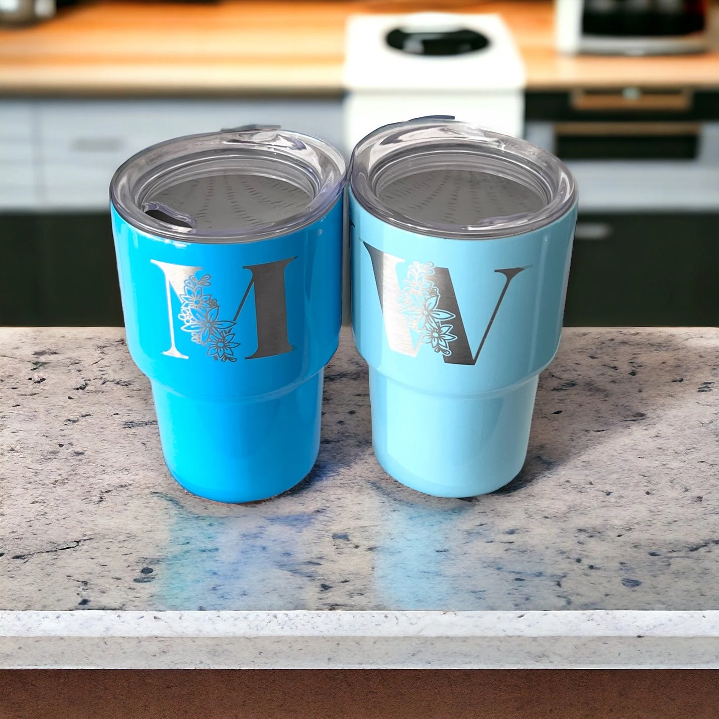 Personalized Permanent Engraved Floral Letter 2 oz Mini Tumbler with Straw