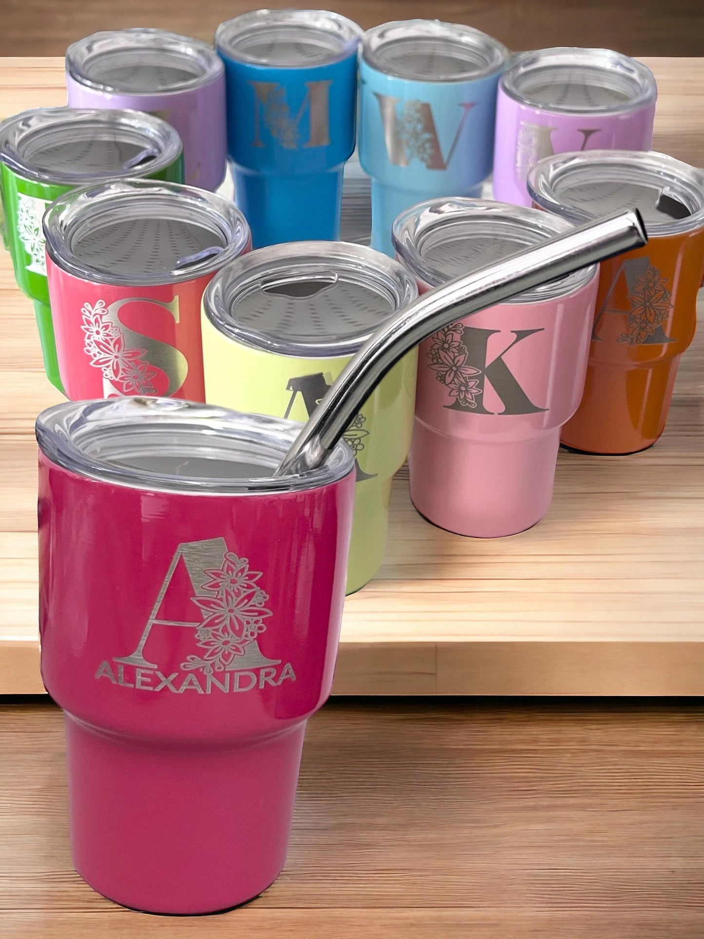 Personalized Permanent Engraved Floral letter and Name 2 oz Mini Tumbler with Straw