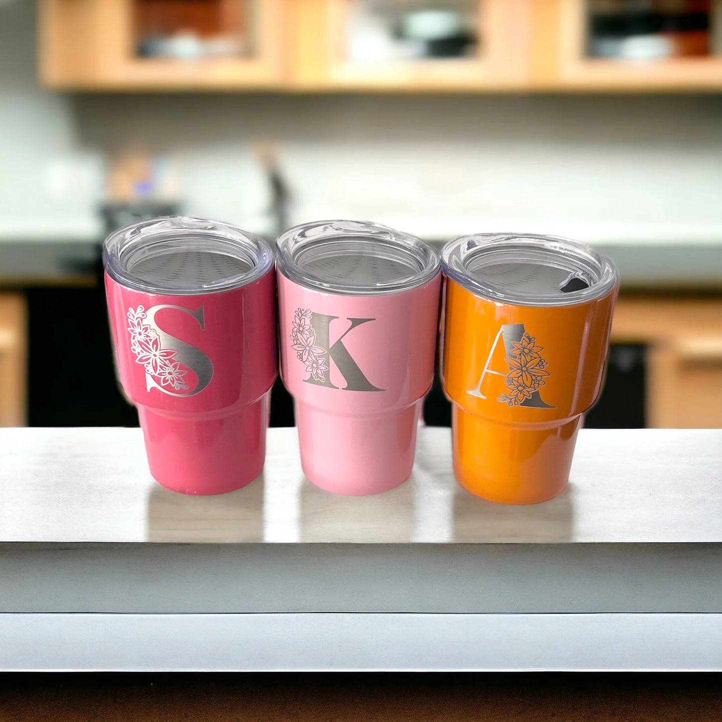 Personalized Permanent Engraved Floral Letter 2 oz Mini Tumbler with Straw
