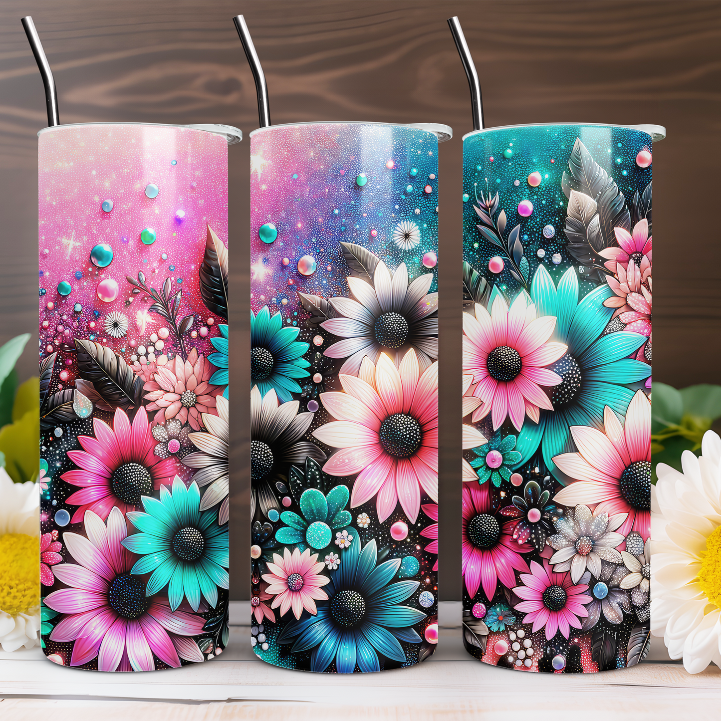 Sparkle Colorful Flowers 20 oz Tumbler