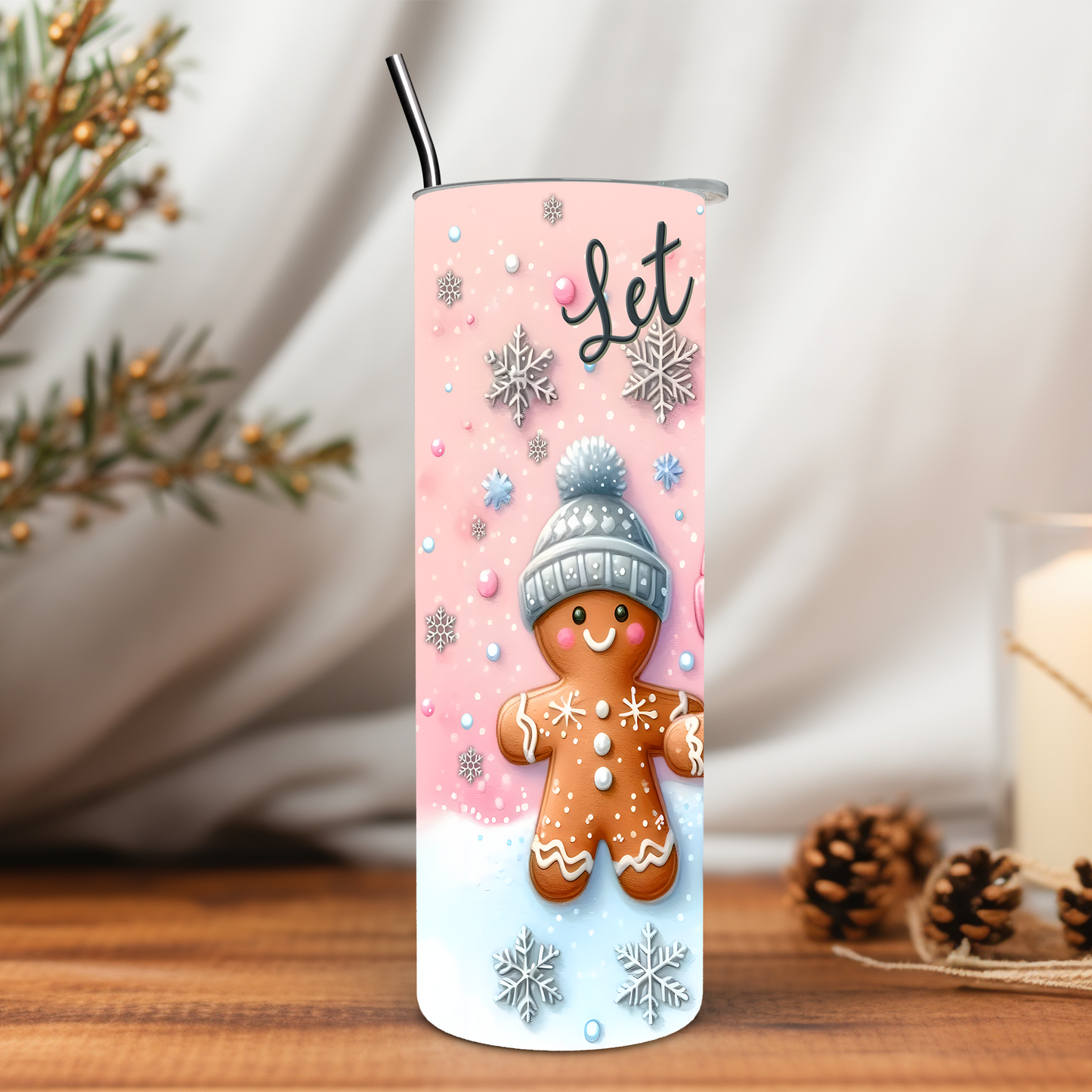 Pink Christmas Let is Snow Gingerbread 20 oz Tumbler