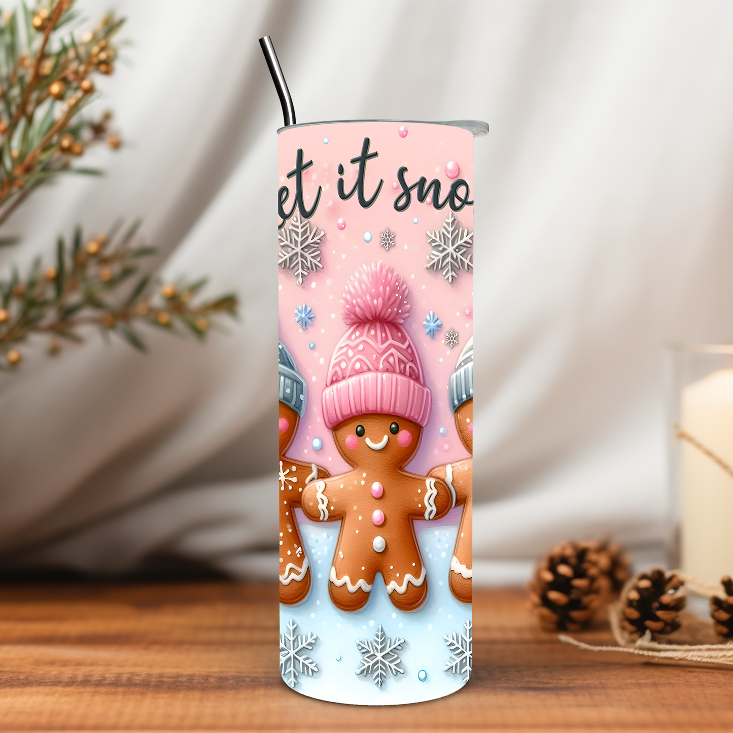 Pink Christmas Let is Snow Gingerbread 20 oz Tumbler