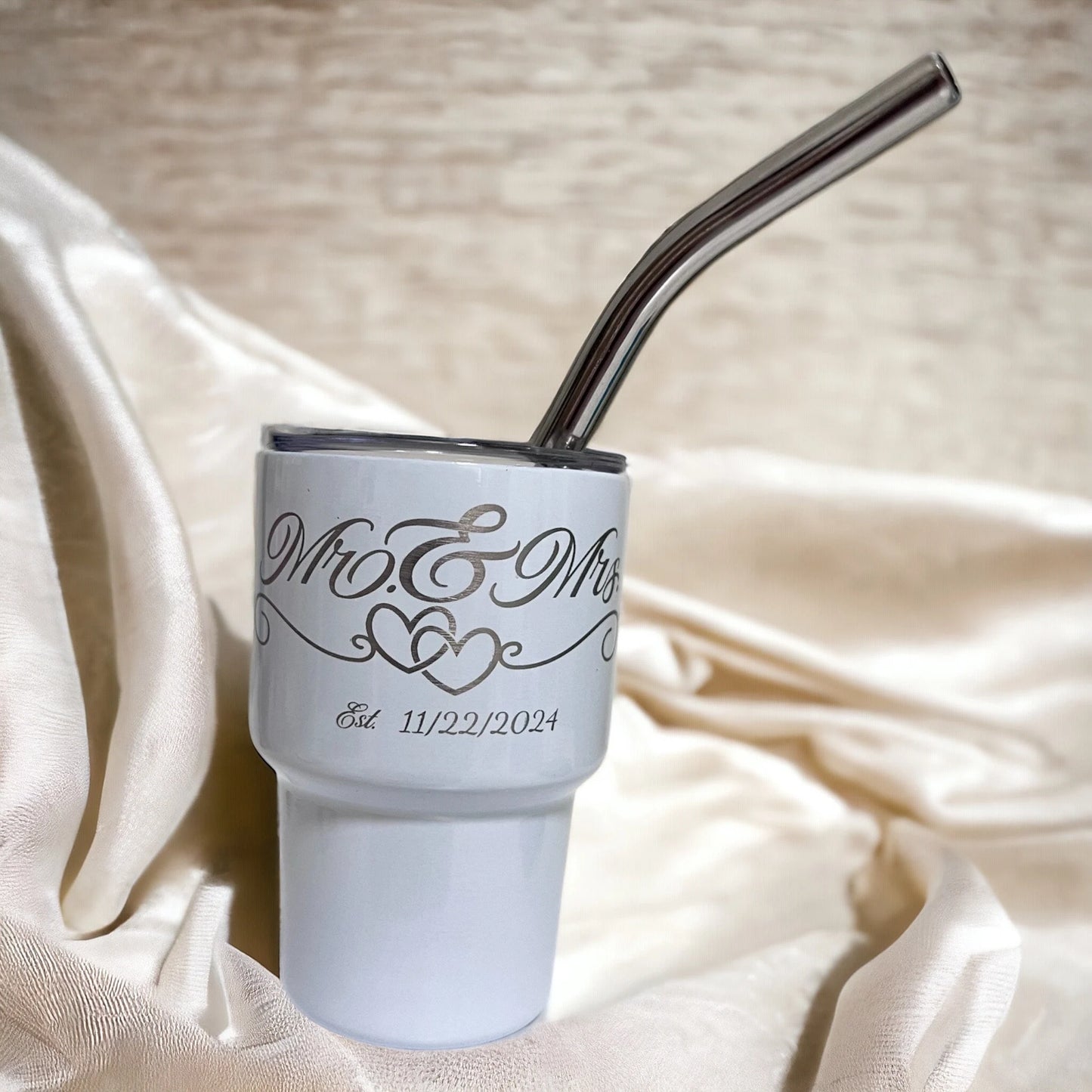 Personalized Mr. and Mrs. Permanent Engraved 2 oz Mini Tumbler with Straw