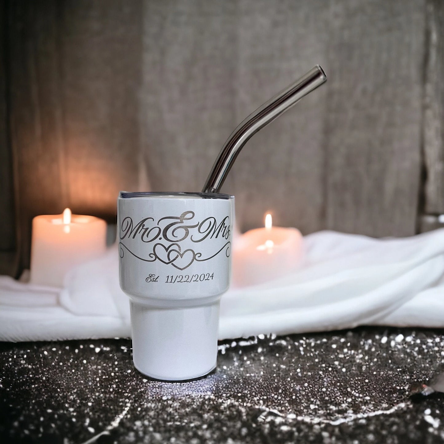 Personalized Mr. and Mrs. Permanent Engraved 2 oz Mini Tumbler with Straw