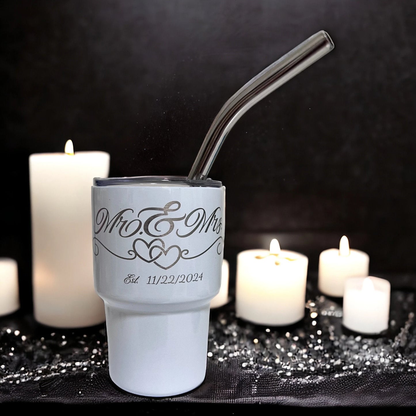 Personalized Mr. and Mrs. Permanent Engraved 2 oz Mini Tumbler with Straw