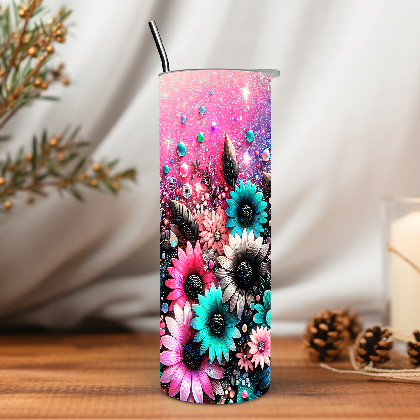 Sparkle Colorful Flowers 20 oz Tumbler