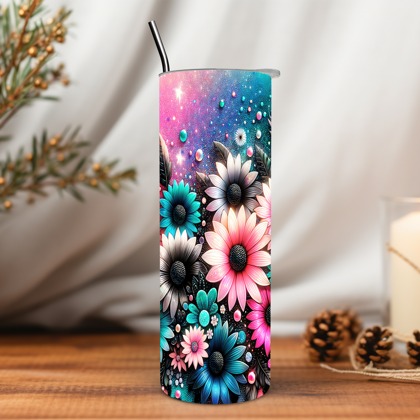 Sparkle Colorful Flowers 20 oz Tumbler