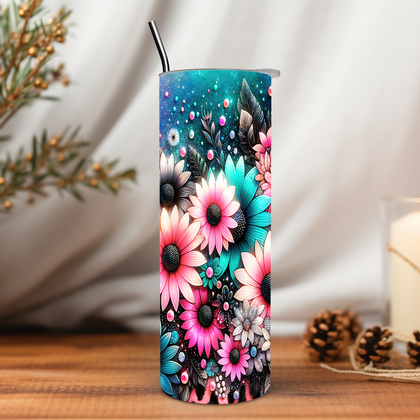 Sparkle Colorful Flowers 20 oz Tumbler